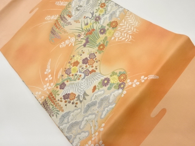 JAPANESE KIMONO / VINTAGE NAGOYA OBI / WOVEN CRANES & FLOWERS WITH PINE